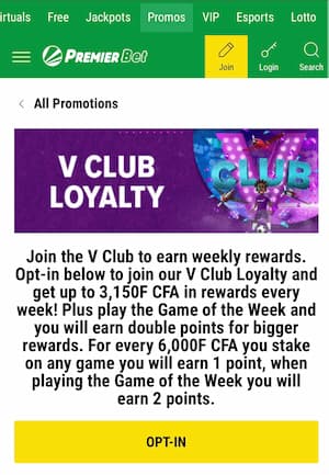 Premier Bet V Club Loyalty Offer